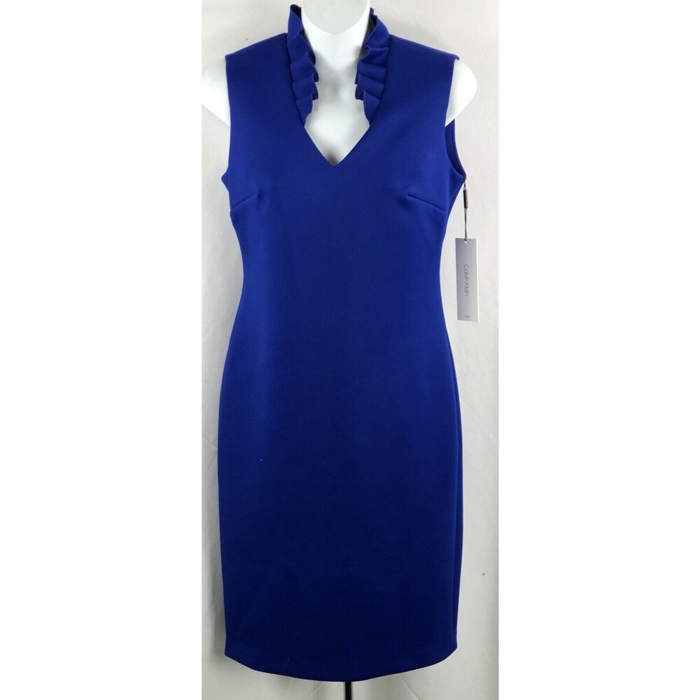 Calvin Klein Sleeveless Sheath Bodycon Midi Dress 4 Blue Ruffles Scuba Contrast